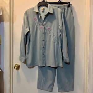 Vintage Teddi Minty Green Casual Pant Suit with Floral Leafy Design Size M / 12